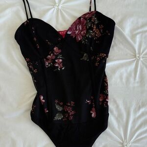 Guess Black and Burgundy Floral Bodysuit
